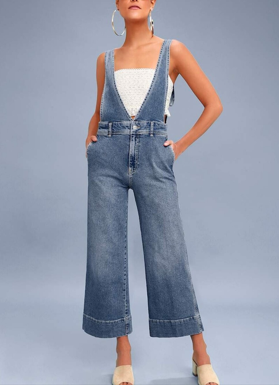 Free People Wide-Leg Denim Overalls in Light Blue A-Line Light Wash Overalls